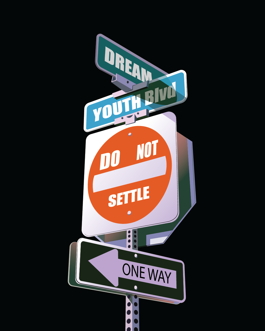 검은 배경 위 DREAM, YOUTH BLVD, DO NOT SETTLE 표지판 일러스트
